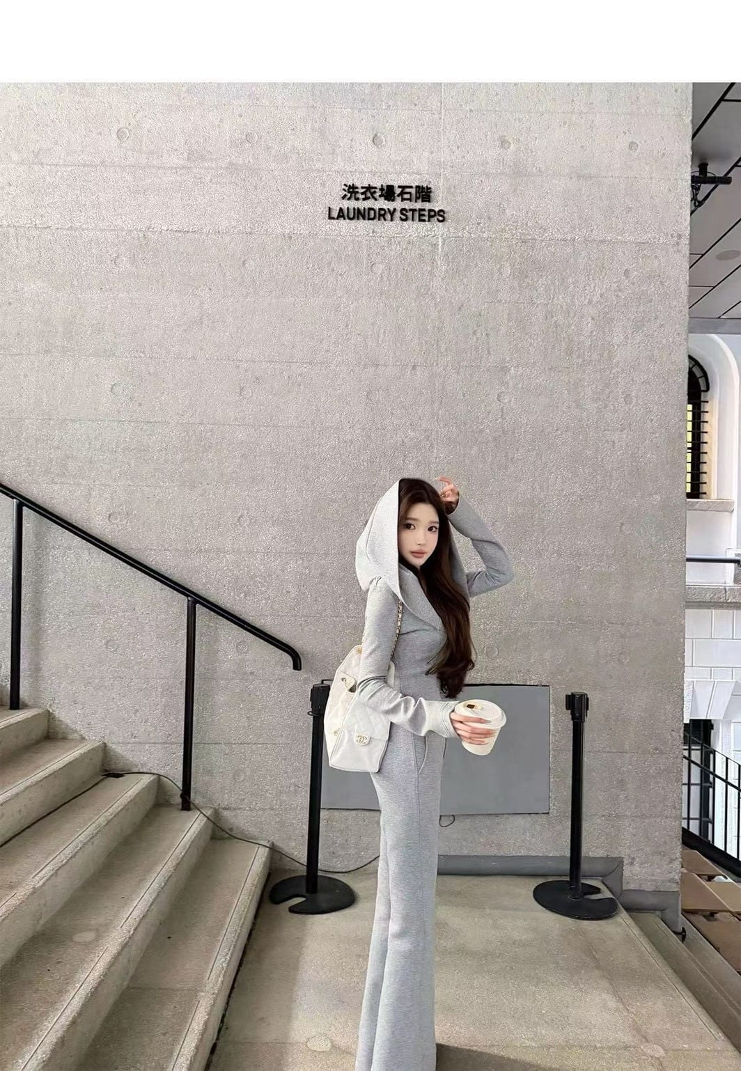韓系慵懶收腰斜拉鍊連帽喇叭褲套裝