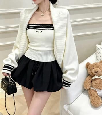 韓系甜酷！條紋針織花苞三件套 ♡
