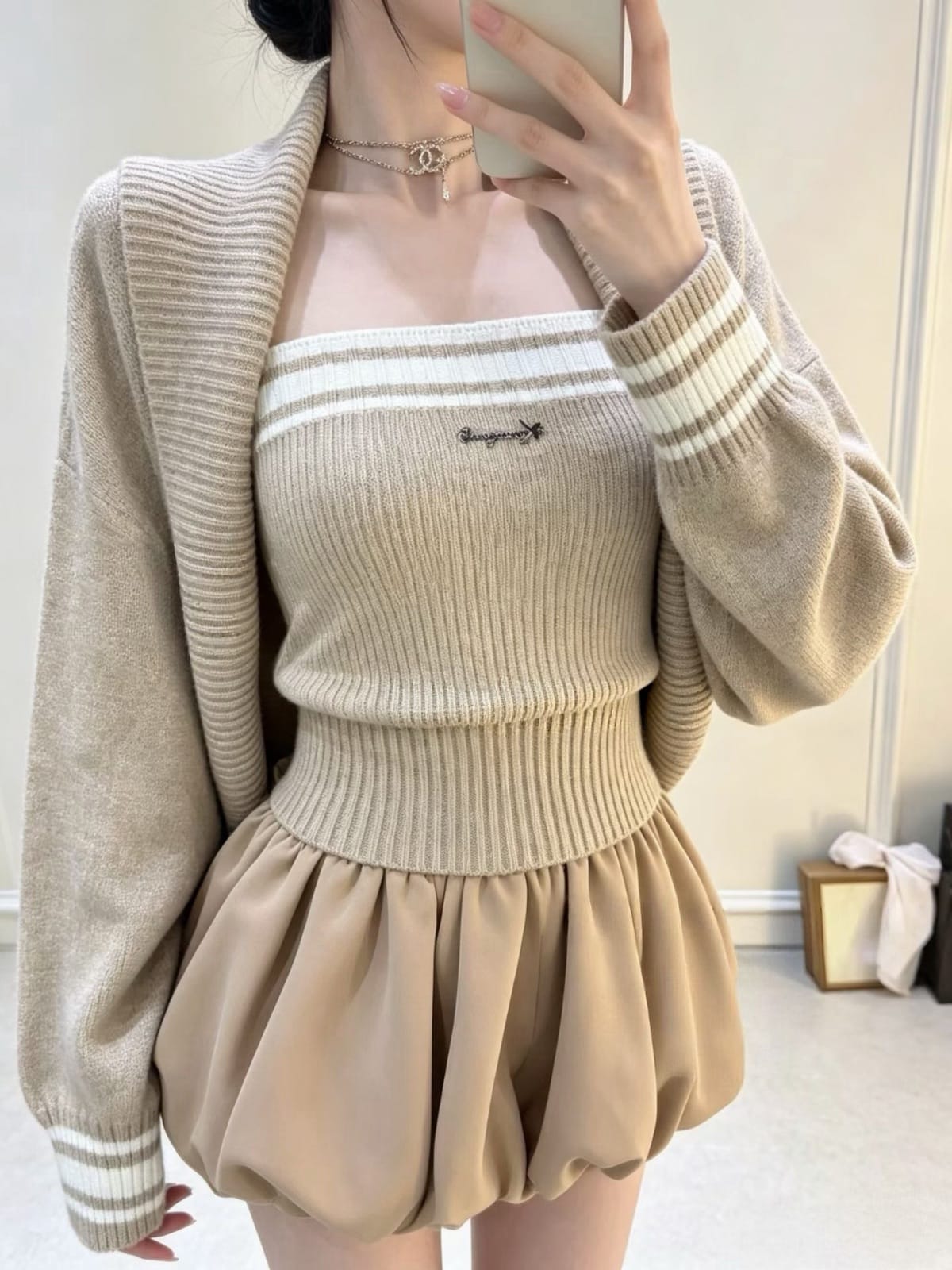 韓系甜酷！條紋針織花苞三件套 ♡