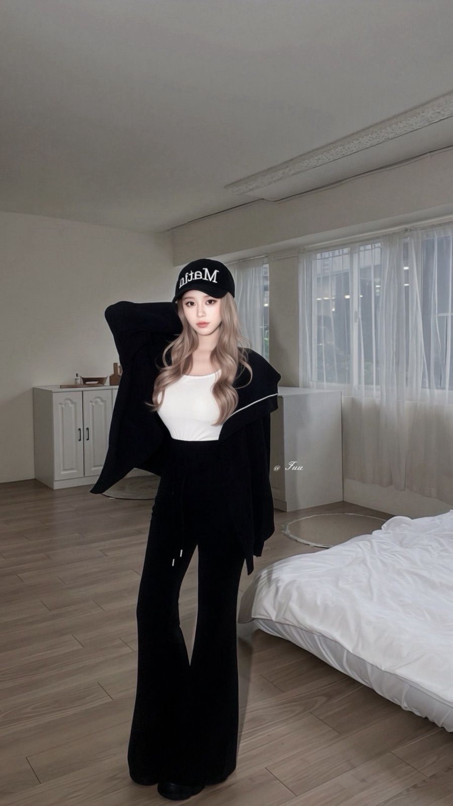 美式慵懶雙拉鍊連帽外套喇叭褲兩件套 🖤