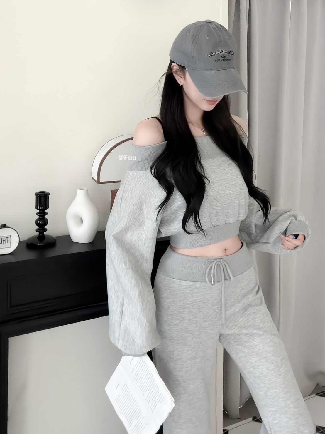 52192|法式微辣一字領收腰喇叭褲兩件套 🖤