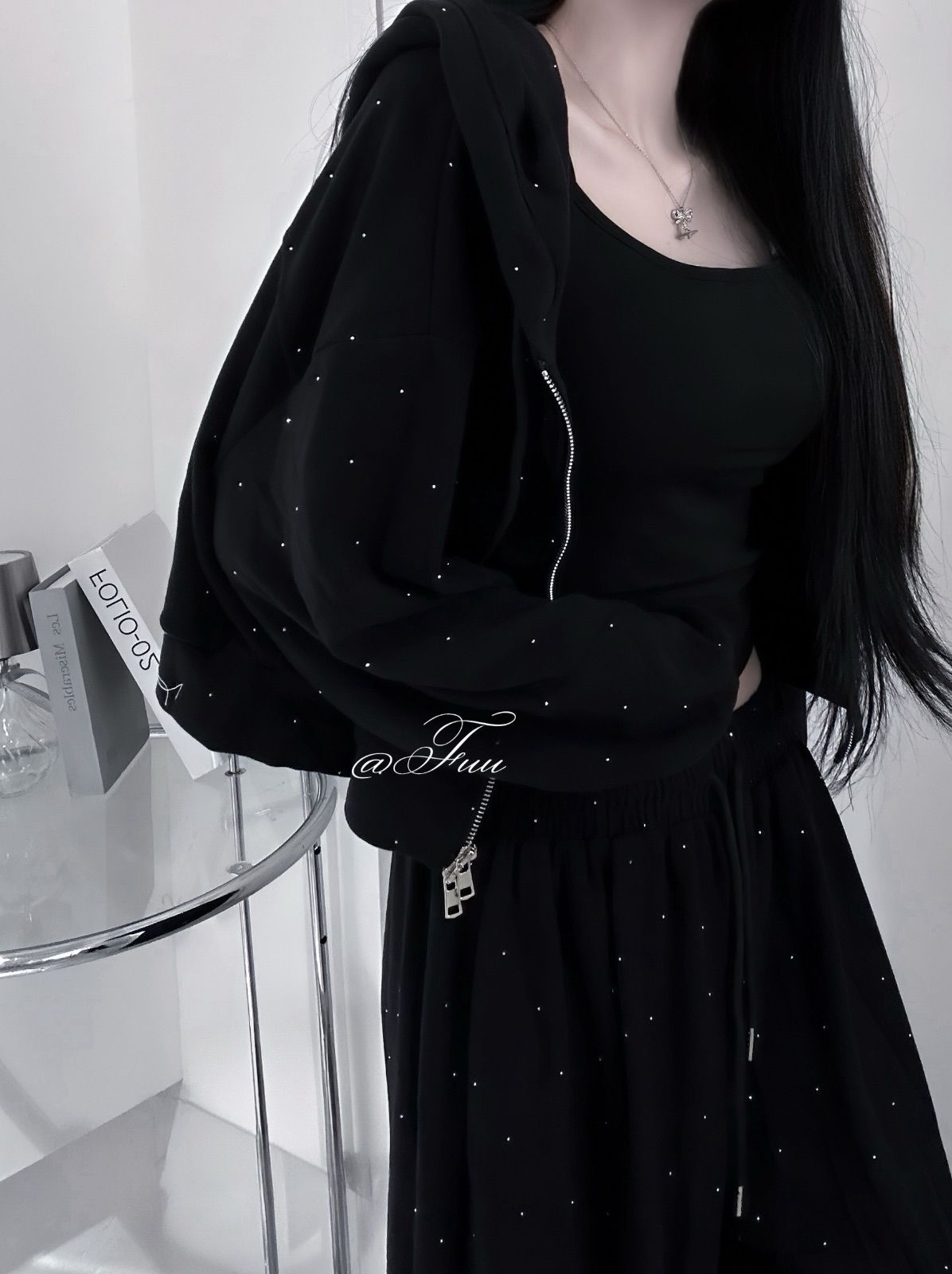 星光漫遊・美式閃鑽雙拉鏈連帽休閒兩件套