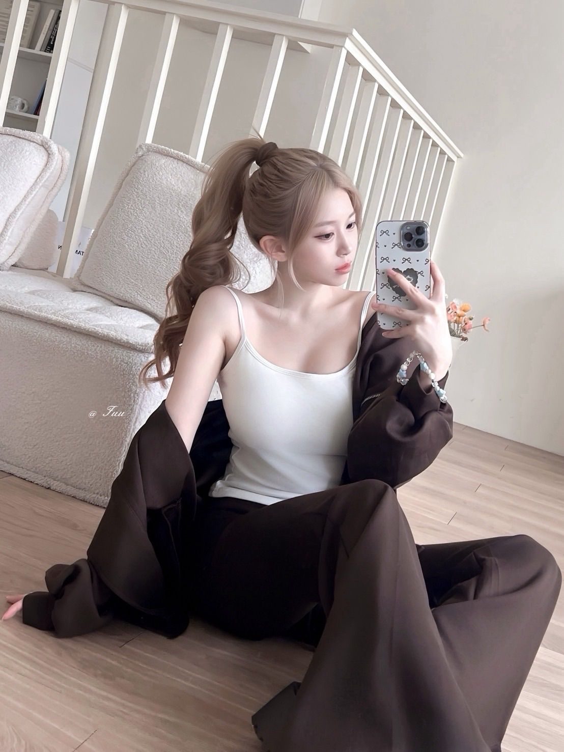 美式慵懶雙拉鍊連帽外套喇叭褲兩件套 🖤