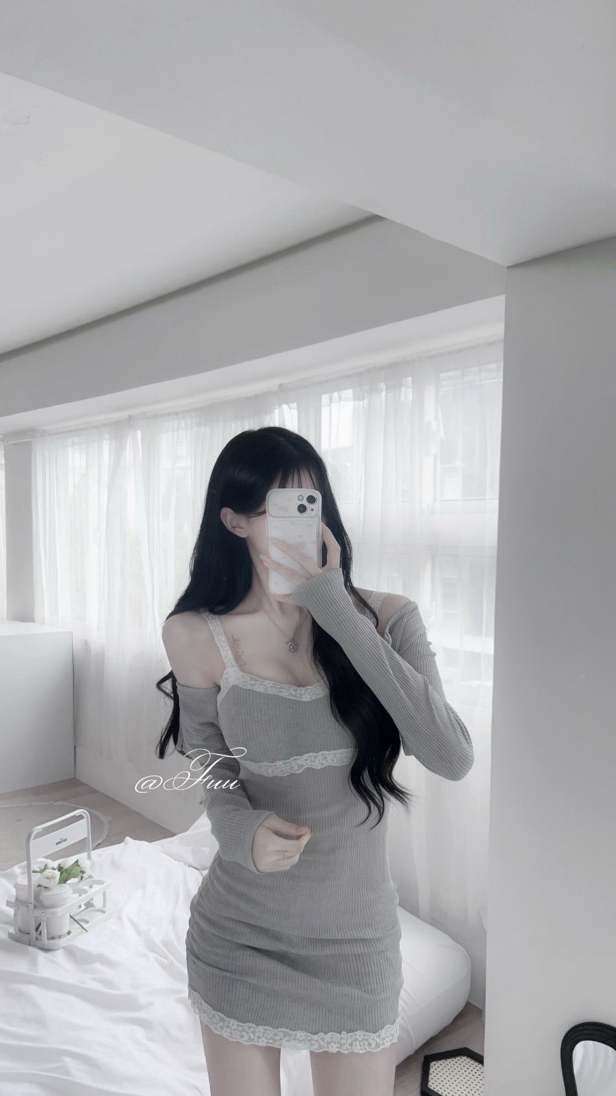 52188|法式純欲蕾絲抓皺包臀短洋+透膚外罩兩件套 🖤