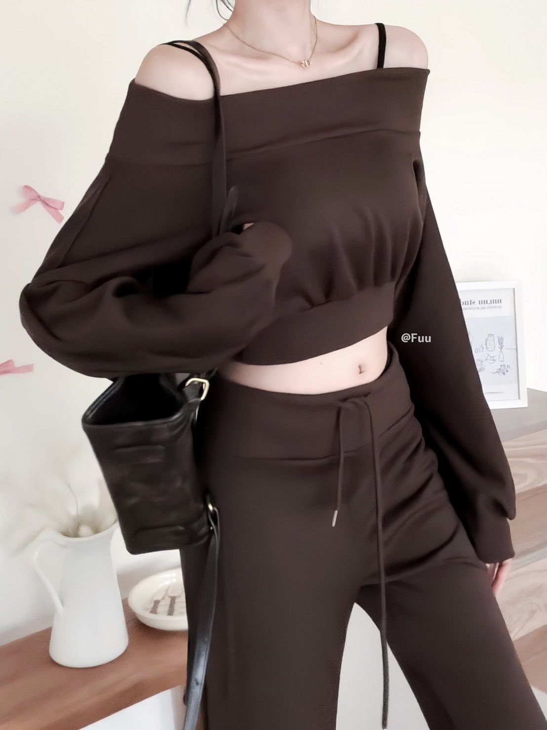 52192|法式微辣一字領收腰喇叭褲兩件套 🖤
